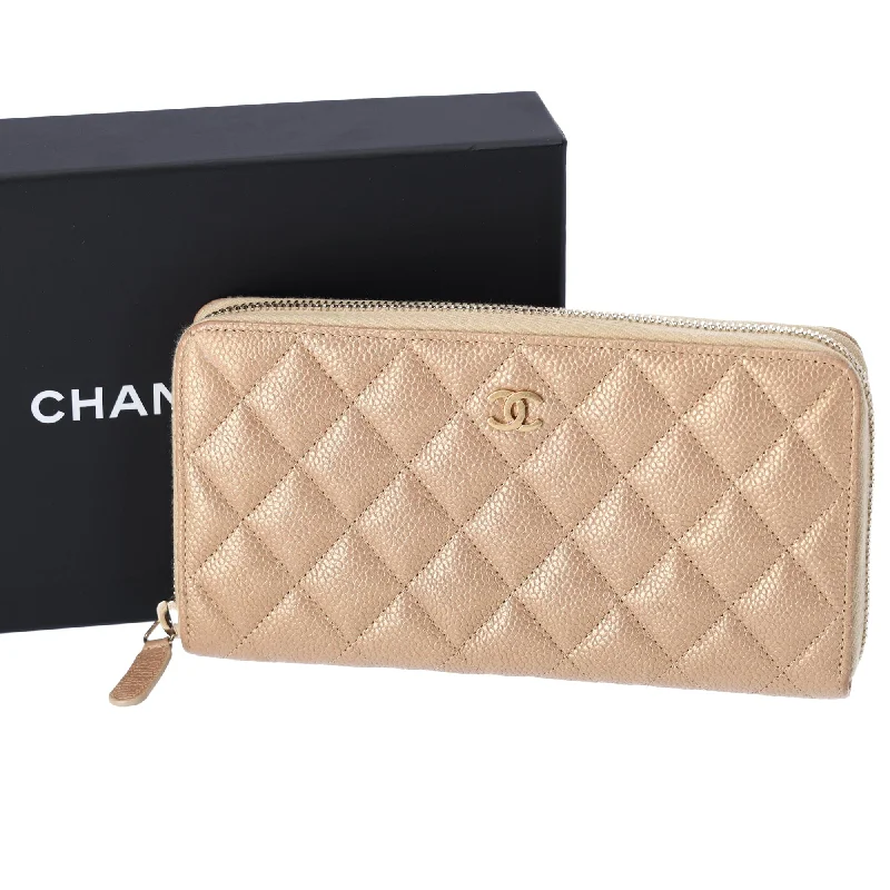 CHANEL Matelasse Classic Quilted Long Zip Around Wallet Gold Caviar Leather