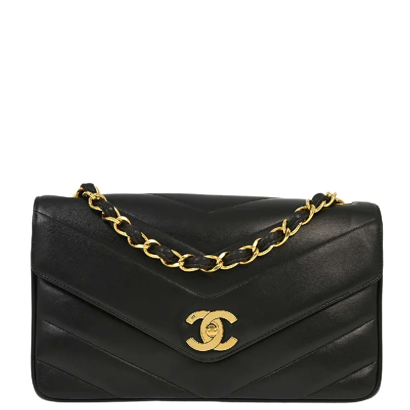 Chanel 1994-1996 Black Lambskin Chevron Single Flap Shoulder Bag