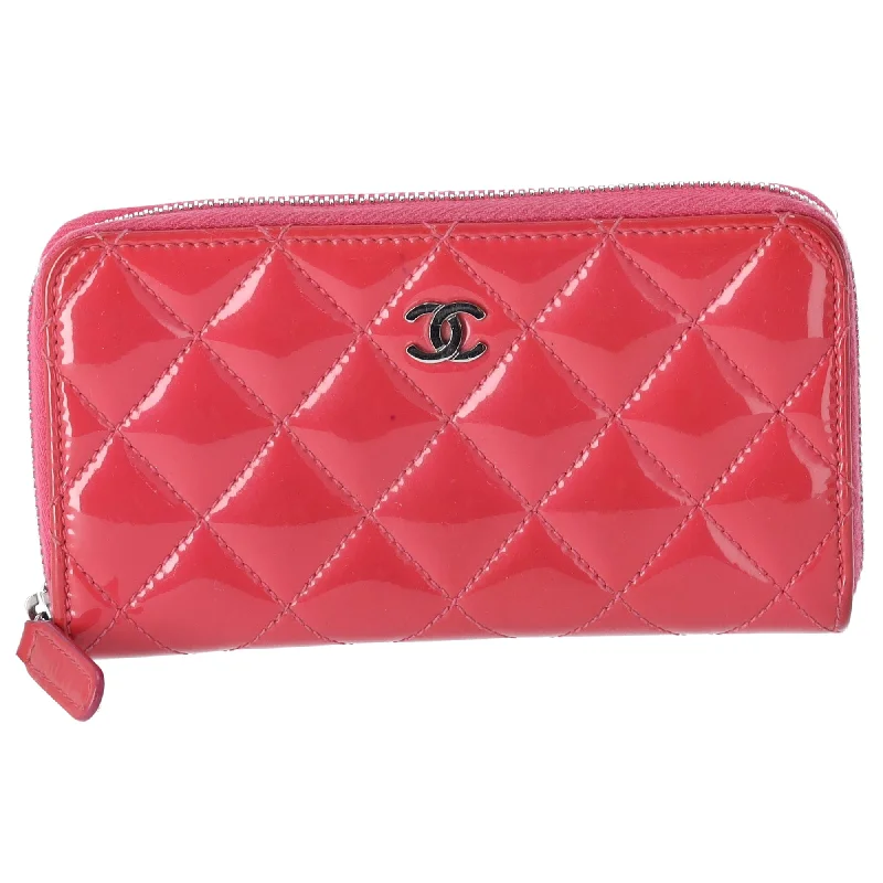 CHANEL Mateless Medium Zip Around Wallet Pink Quilted Patent Leather