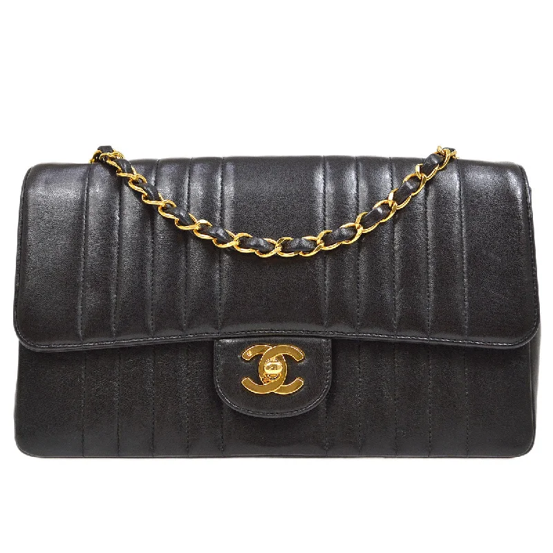 Chanel 1991-1994 Black Lambskin Medium Vertical Stitch Classic Single Flap Bag