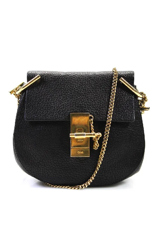 Chloe Womens Mini Leather Flap Chain Piston Drew Bag Crossbody Handbag Black