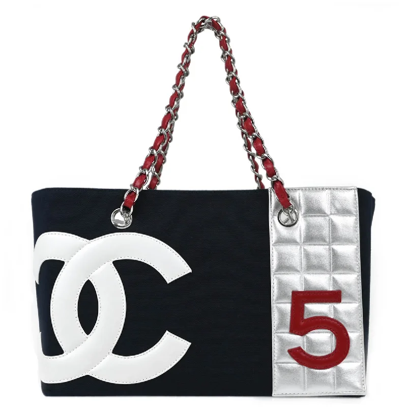 Chanel Navy Silver Canvas No.5 Choco Bar Tote Handbag