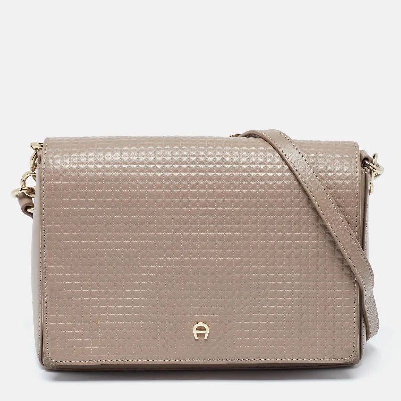 Aigner Beige Embossed Leather Flap Chain Crossbody Bag