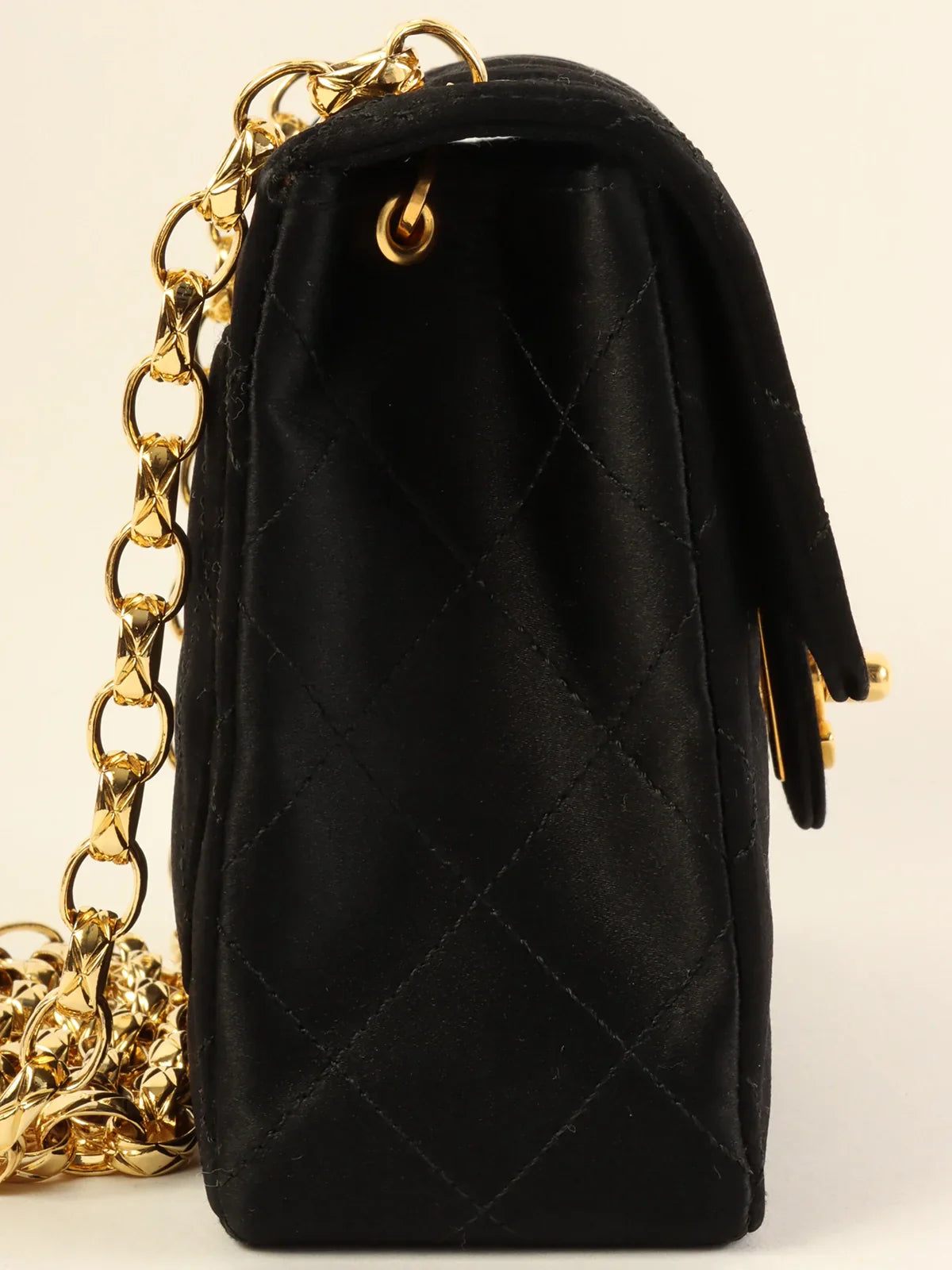 CHANEL Around 1990 Made Silk Satin Classic Flap Bijoux Chain Mini Black