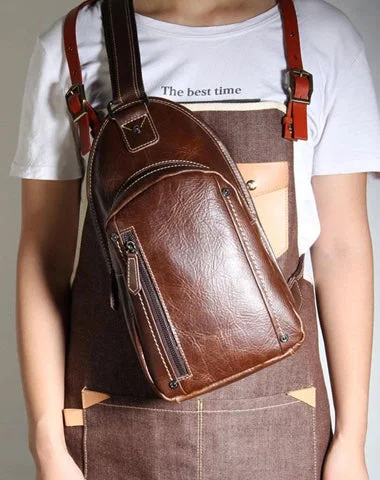 Brown Leather Mens Cool Sling Backpack Chest Bag Sling Bag Crossbody Pack for men