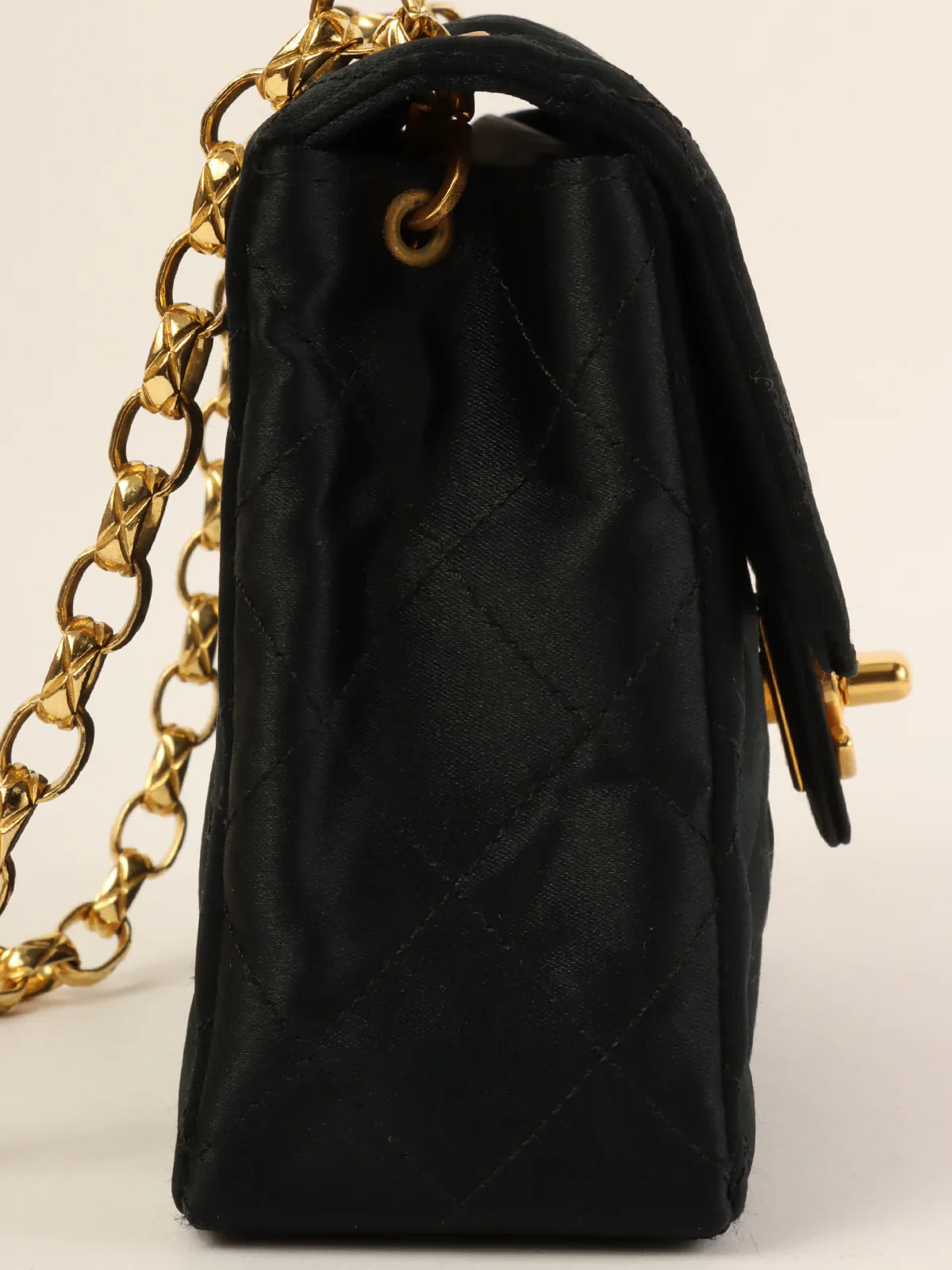 CHANEL Around 1990 Made Silk Satin Classic Flap Bijoux Chain Mini Black