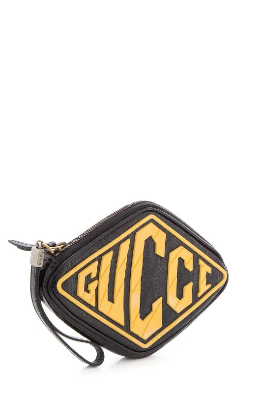 Gucci Black & Yellow Patent Leather Retro Logo Wristlet