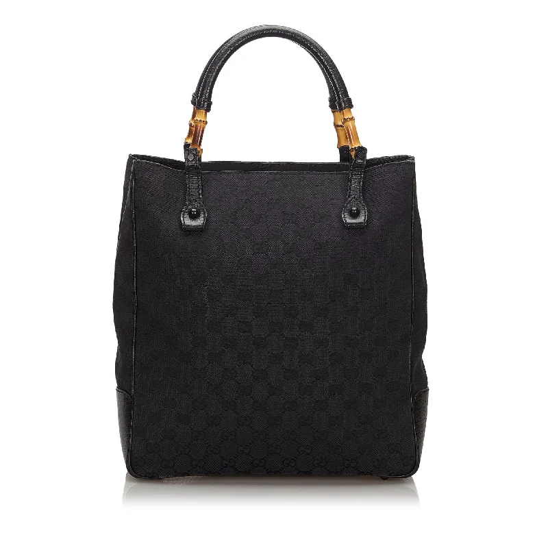 Gucci Black Canvas Fabric GG Bamboo Tote Bag Italy