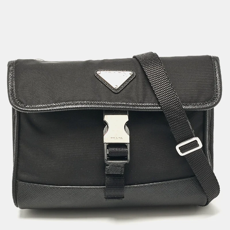 Prada Black Re-Nylon And Leather Flap Crossbody Bag