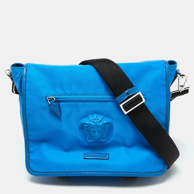 Versace Blue Nylon La Medusa Flap Messenger Bag