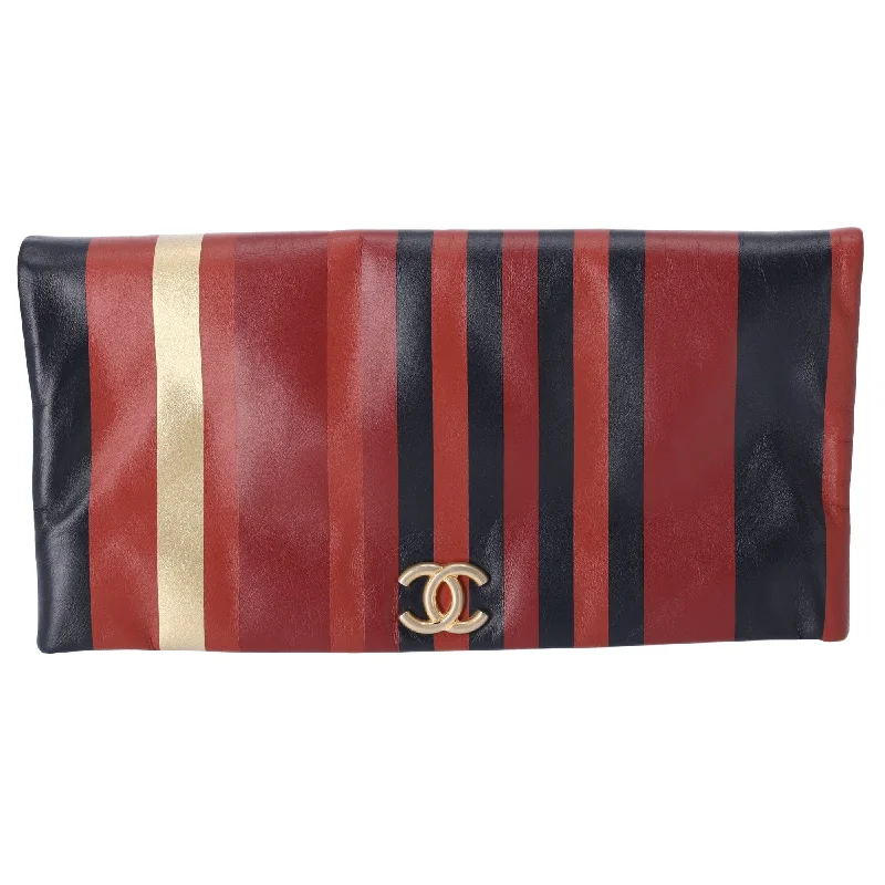 CHANEL Clutch Bag Brown Black Gold Burnt Red Stripe Leather