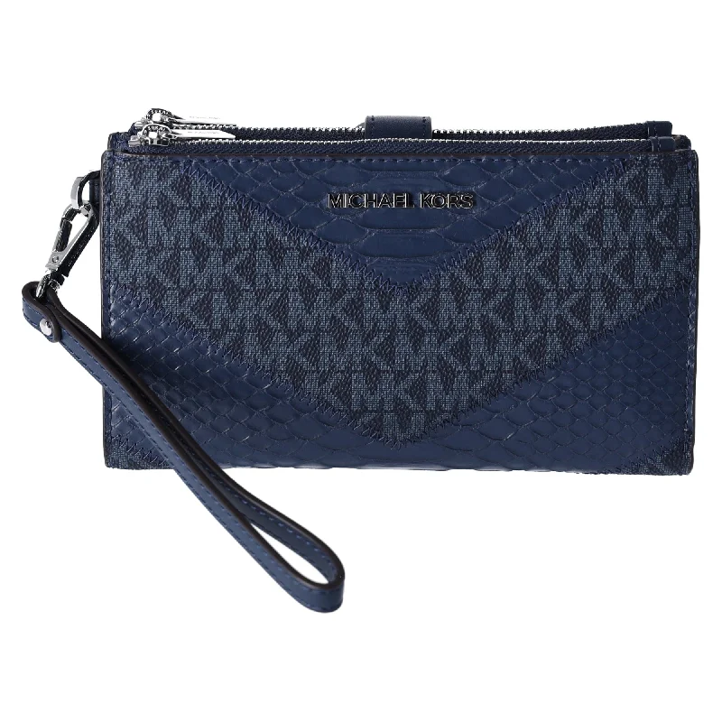 Michael Kors Jet Set Travel Large Double Zip Wallet MK Navy Blue Multi Python