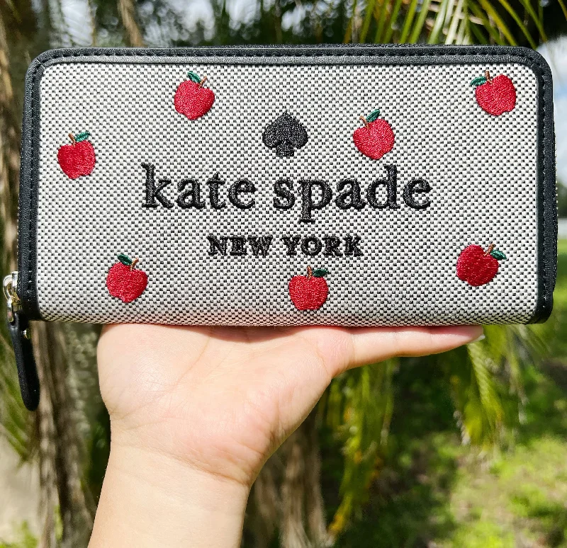 Kate Spade Ella Apple Toss Embroidered Large Continental Zip Wallet Black Multi