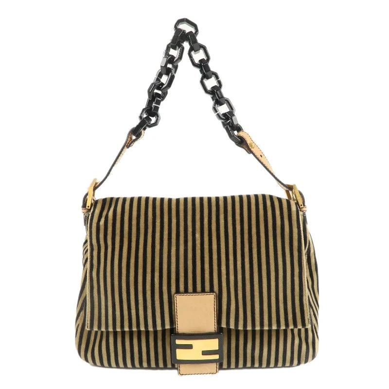 FENDI Mamma Baguette Velour Leather Stripe Shoulder Bag 8BR001