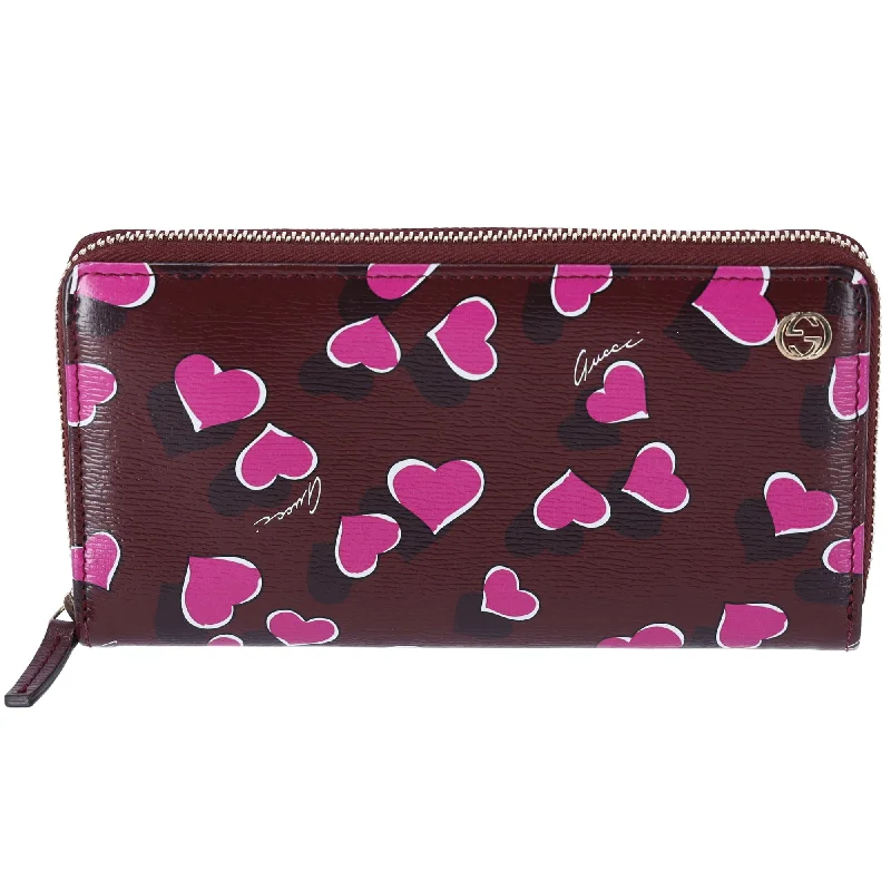 GUCCI Betty Interlocking G Heartbeat Print Zip Around Wallet Wine Pink