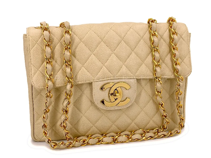 Chanel 1994 Vintage Light Beige Caviar Jumbo Classic Flap Bag 24k GHW