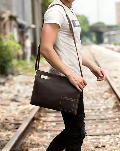 Fashion Black Mens Leather 10 inches Mens Gray Messenger Bag Brown Courier Bag Clutch Bag for Men