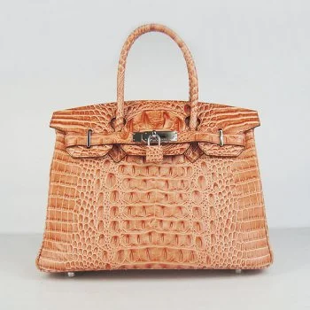 Hermes Birkin 30cm Crocodile Head Vein Handbags Orange Silver