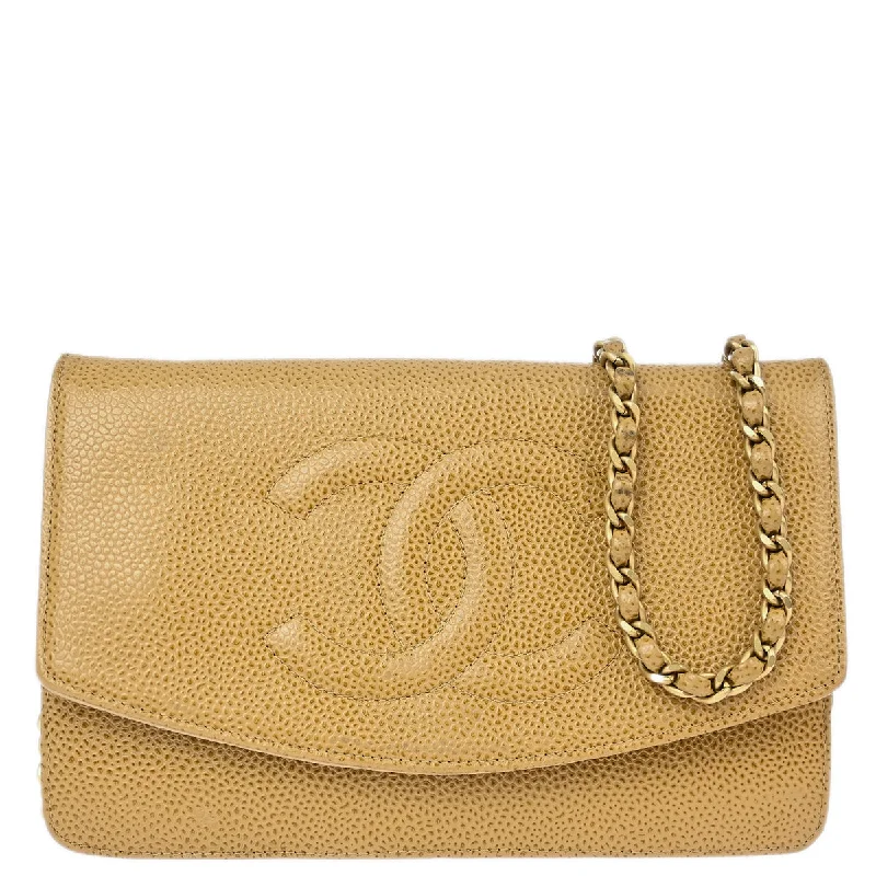 Chanel 2000-2001 Beige Caviar WOC Chain Shoulder Wallet Bag