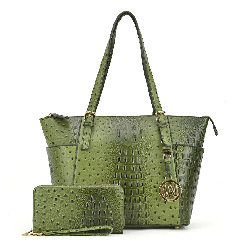 Dasein Ostrich Embossed Olive Tote with Matching wallet (Women's)