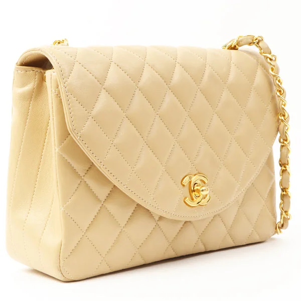 Chanel Around 1990 Made Round Flap Turn-Lock Chain Bag Beige