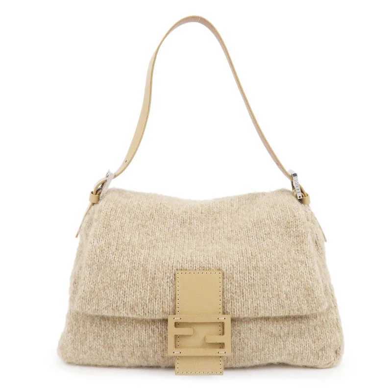 FENDI Mamma Baguette Wool Knit Leather Shoulder Bag Beige 26325