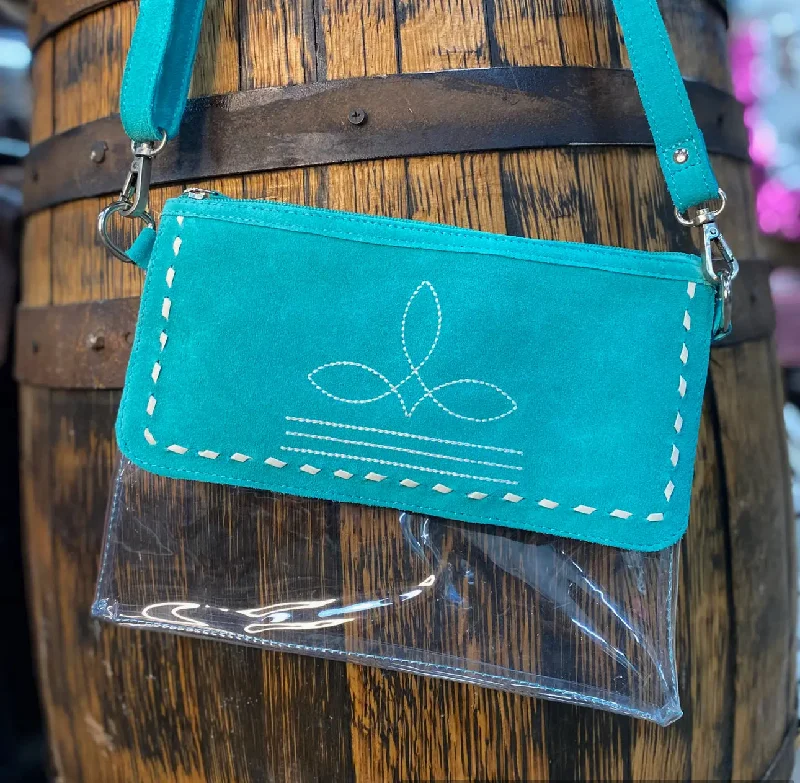 Clear Turquoise Suede Leather Bootstitch Crossbody