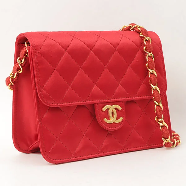 Chanel Around 1995 Made Silk Satin Straight Flap Cc Mark Plate Chain Bag Red