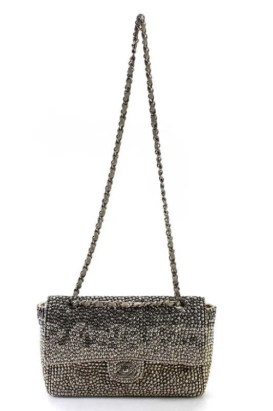 Chanel Womens Studded Single Flap Handbag Silver Gray