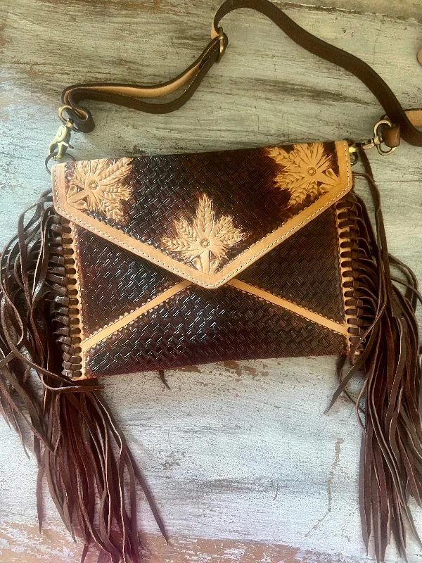 Floral Tooled Leather Fringe Crossbody