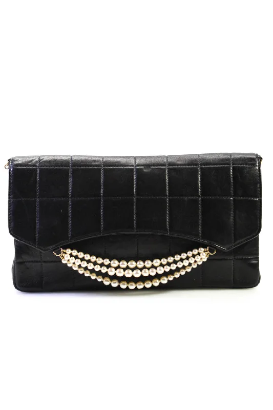 Chanel Womens Faux Pearl Beaded Quilted Flap Bag Wristlet Clutch Handbag Black